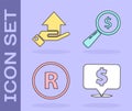 Set Speech bubble with dollar, Money on hand, Registered Trademark and Magnifying glass and dollar icon. Vector