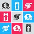 Set Speech bubble with dollar, Smartphone, mobile phone and Earth globe with dollar icon. Vector. Royalty Free Stock Photo