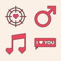 Set Speech bubble with I love you, Heart in the center of darts target aim, Male gender symbol and Music note, tone with Royalty Free Stock Photo