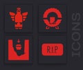 Set Speech bubble rip death, Christmas angel, Memorial wreath and Coffin in grave icon. Vector