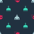 Set Speech bubble rip death, Church building and tower on seamless pattern. Vector