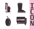 Set Speech bubble with text autumn, Meteorology thermometer, Plum fruit and Waterproof rubber boot icon. Vector Royalty Free Stock Photo