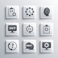 Set Speech bubble with text Help, Location gear, Checklist 24 hours service, Telephone support, Clock, and Support