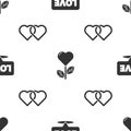 Set Speech bubble with text love, Heart shape in a flower and Two Linked Hearts on seamless pattern. Vector