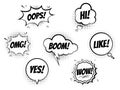 Set of speech bubbles for comics on a white background, cool sound of explosion and shock, imitation of halftone imprint texture. Royalty Free Stock Photo