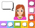 Set of speech bubbles of different shapes. With a cute cartoon character. Beautiful cute fashionable girl with jewelry. Vector Royalty Free Stock Photo