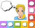 Set of speech bubbles of different shapes. With a cute cartoon character. Beautiful cute fashionable girl with jewelry. Vector Royalty Free Stock Photo