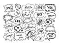 A set of speech bubbles with hand-drawn doodle-style dialogue words. Hello, Love, Sorry, Love, Kiss, No, Bye, OMG, kiss