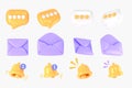 Set of speech bubbles, paper envelopes and bells 3d render. Cartoon social media icons, message bubbles, email letter