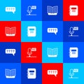 Set Speech bubbles with Question, Microphone voice device, Open book and Notebook icon. Vector Royalty Free Stock Photo
