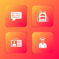 Set Speech bubbles with Question, School backpack, Identification badge and Graduate and graduation cap icon. Vector Royalty Free Stock Photo