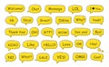 Set of speech bubbles. Yes, thank you, hello, wow, welcome, bye, ok, omg, wow, oh, xoxo, what, like, love, nice, great, cool, sale