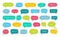 Set of speech bubbles. Yes, thank you, hello, wow, welcome, bye, ok, omg, wow, oh, xoxo, what, like, love, nice, great, cool, sale