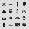 Set Speedboat, Rafting, Mountain bike, Longboard or skateboard, Mountains, ATV motorcycle and Windsurfing icon. Vector