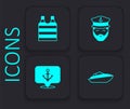 Set Speedboat, Striped sailor t-shirt, Captain of ship and Anchor icon. Black square button. Vector