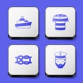 Set Speedboat, Striped sailor t-shirt, Nautical rope knots and Captain of ship icon. White square button. Vector