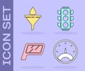 Set Speedometer, Funnel or filter and motor oil drop, Car mirror and Traffic light icon. Vector