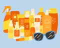 Set of SPF bottles, tubes stand together with sunglasses. Sunscreen protection and sun safety. Sunscreen cream, lotion, spray