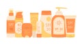 Set of SPF bottles and tubes. Sunscreen cream, lotion, spray and lip balm. Flat illustration