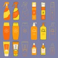 Set of SPF bottles, tubes. Sunscreen protection and sun safety. Sunscreen cream, lotion isolated collection. Protection against