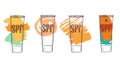 Set with SPF sunscreen cosmetics cream, sketch in doodle style. Sun protection factor for summer face and body care, icons