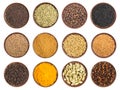 Set of spice in clay plates: cloves, black pepper, allspice, fenugreek, mustard seeds, cumin jeera, fennel, coriander, turmeric