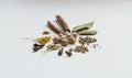 Set of spice scattered on white background