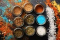 Set of spices on dark grey background. Glass jars Royalty Free Stock Photo