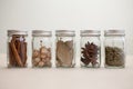 Set of spices in glass bottles