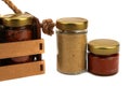 A set of spices in glass jars, packed in a wooden box with a rope handle Royalty Free Stock Photo