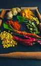 A set of spices and herbs. Indian cuisine. Pepper, salt, paprika, Ginger cinnamon, basil, turmeric. On a black background.