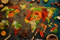 Set of spices and herbs. Indian cuisine. World map: Pepper, salt, paprika, basil, turmeric. On a black wooden board. Royalty Free Stock Photo