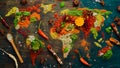 Set of spices and herbs. Indian cuisine. World map: Pepper, salt, paprika, basil, turmeric. On a black wooden board. Royalty Free Stock Photo