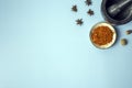 Set of spices isolated on light blue background