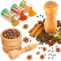 Set of spices, mortar with pestle and grinder isolated on white. Collage Royalty Free Stock Photo