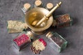 Set of spices with a mortar Royalty Free Stock Photo