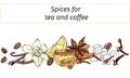 Set of spices for tea and coffee on a white background. Vector illustration lemon, vanilla, cinnamon, cloves, coffee. Banner for