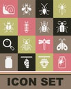 Set Spider in jar, Butterfly, Chafer beetle, Cockroach, Centipede, Beetle bug, Snail and icon. Vector
