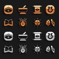 Set Spider, Life, Magic stone, Sun, Ancient magic book, scroll, Masons and Mortar and pestle icon. Vector