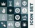 Set Spider, Mortar and pestle, Mars, Pentagram, Diamond, Hamsa hand, King crown and Tarot cards icon. Vector