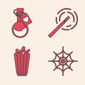 Set Spider web, Bottle with love potion, Magic wand and Popcorn in box icon. Vector Royalty Free Stock Photo