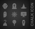 Set Spider web, Lollipop, Coffin with cross, Skull, Pirate hook, Owl, Witch hat and Vampire icon. Vector Royalty Free Stock Photo