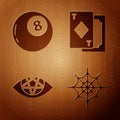 Set Spider web, Magic ball of predictions, Pentagram and Playing cards on wooden background. Vector Royalty Free Stock Photo