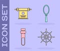 Set Spider web, Magic scroll, Bottle with love potion and Magic hand mirror icon. Vector Royalty Free Stock Photo
