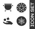 Set Spider web, Witch cauldron, Cube levitating above hand and Pentagram in a circle icon. Vector