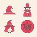 Set Spider web, Witch hat, Magician and Witch icon. Vector Royalty Free Stock Photo