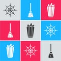Set Spider web, Witches broom and Popcorn in box icon. Vector Royalty Free Stock Photo