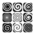 Set of spiral motion elements, black isolated objects, different brush texture, abstract vector illustrations. Royalty Free Stock Photo