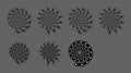 Set of spiral motion elements, black isolated objects, different brush texture, chain, bicycle, vector illustrations