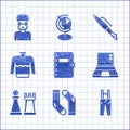 Set Spiral notebook, Socks, Pants with suspenders, Laptop, Chess, Sweater, Fountain nib and Nerd geek icon. Vector
